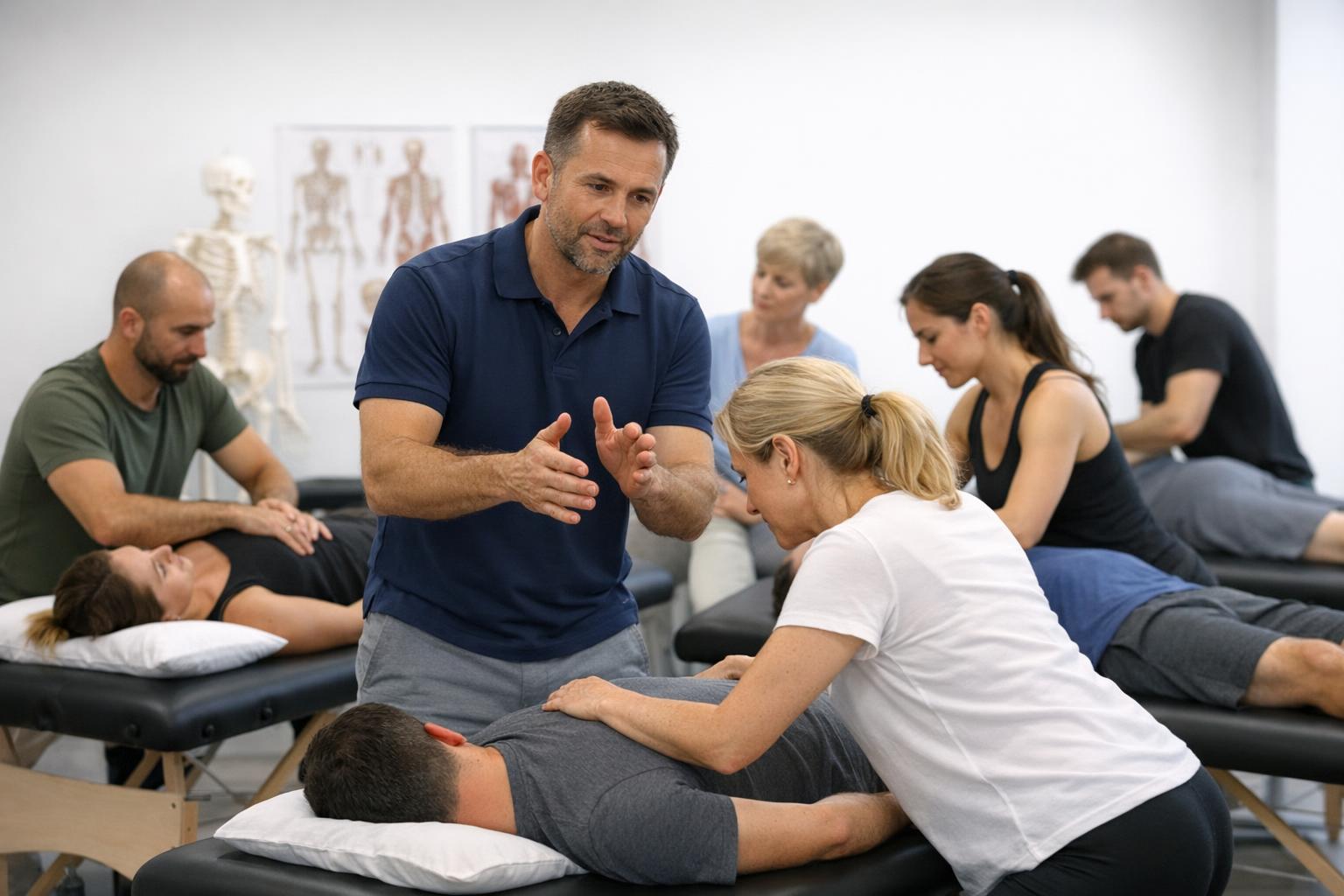 fizjoterapeuta prowadzi warsztat praktyczny, uczestnicy ćwiczą techniki manualne