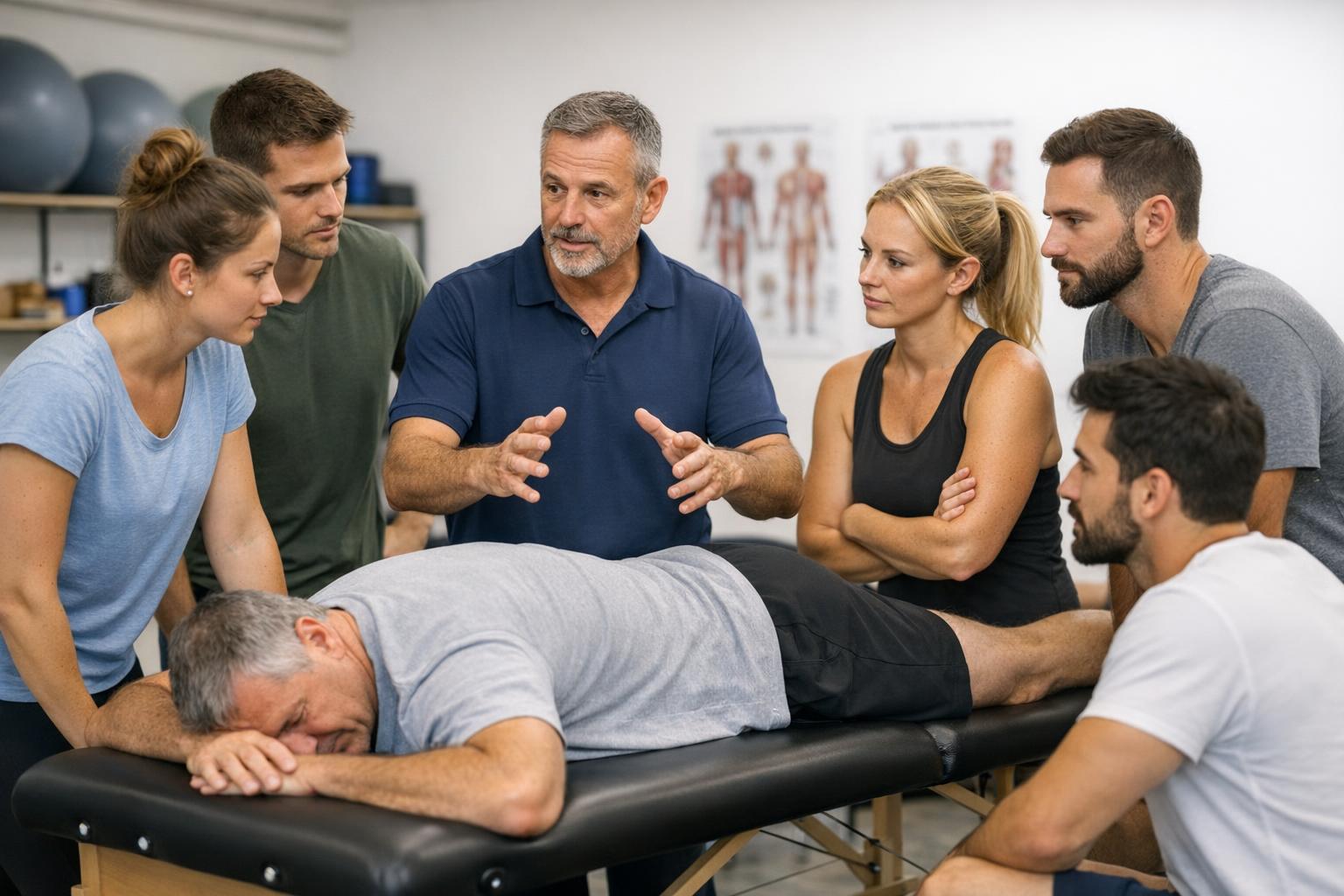 uczestnicy kursu fizjoterapii analizują przypadek pacjenta, praktyczne wskazówki od instruktora