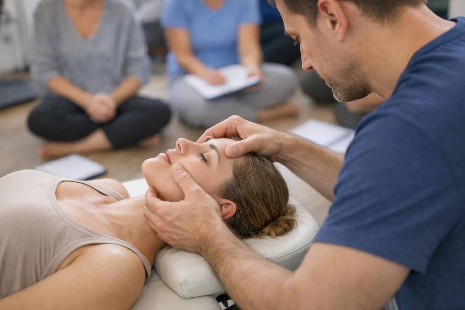 Zdjęcie terapii manualnej - praca ze stawem skroniowo-żuchwowym podczas kursu