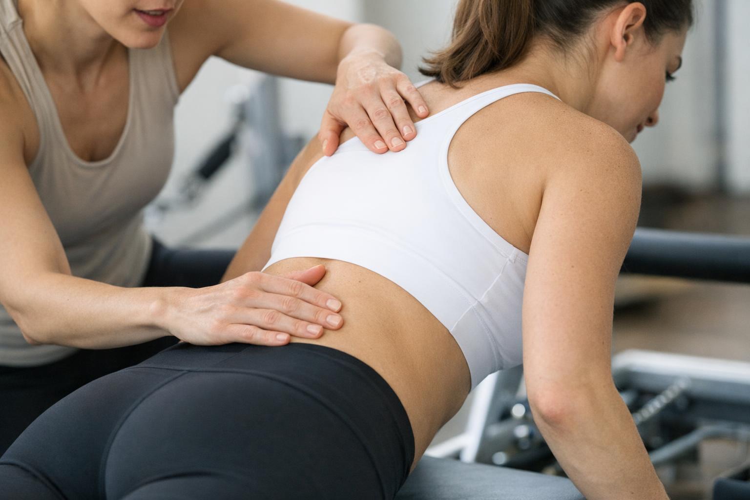 instruktor pilates koryguje ustawienie klienta w studiu - zbliżenie na technikę